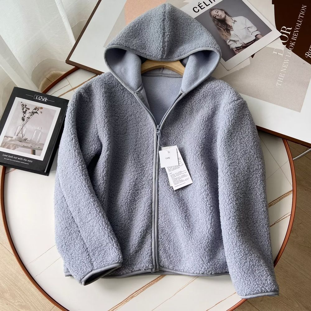 Women's Fleece Hooded Jacket Long-Sleeved Warm Zipper Cardigan