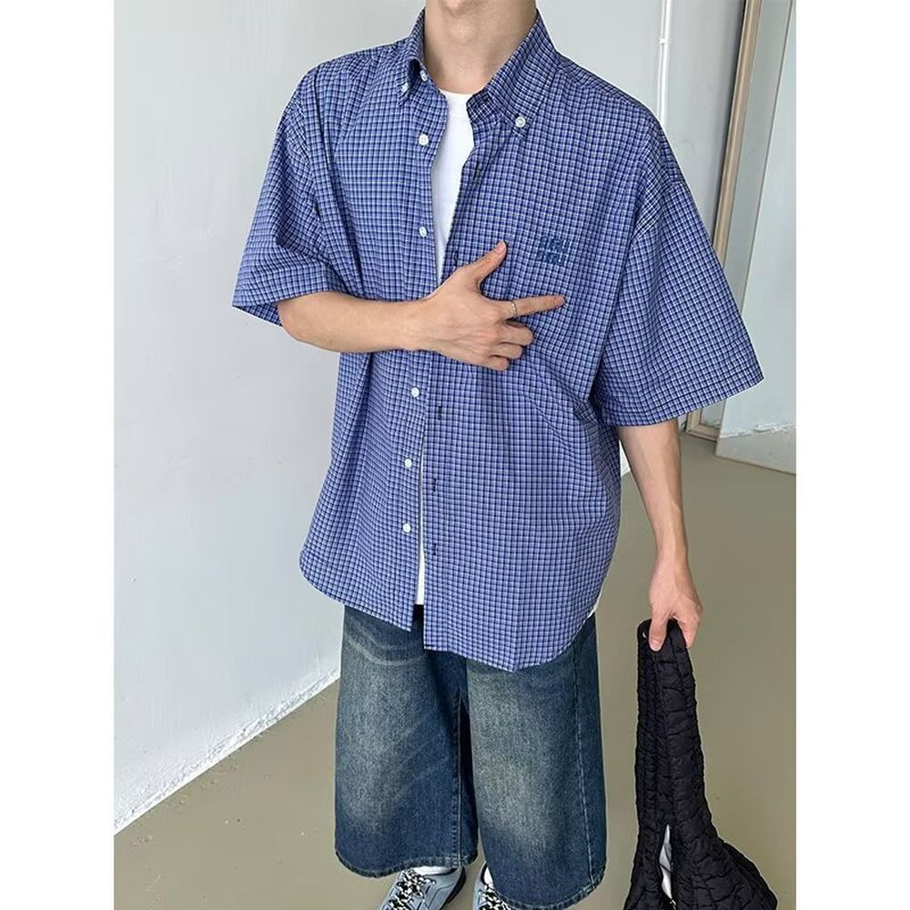 Men's Blue Plaid Shirt Short-Sleeved Top